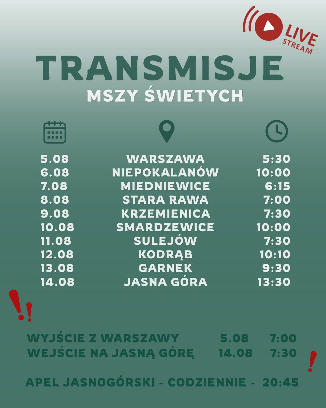 Transmisje codziennych Mszy św. oraz apeli jasnogórskich!